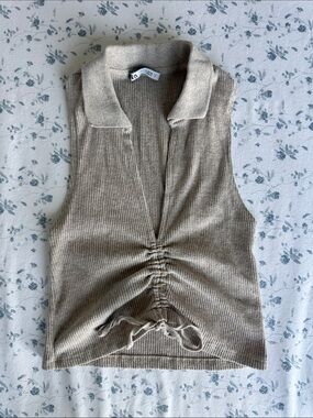 Zara Beige Ribbed Polo Drawstring Tank Top